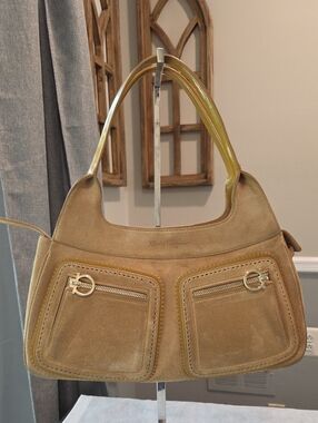 Salvatore Ferragamo Beige Suede Shoulder Bag with Gold Hardware